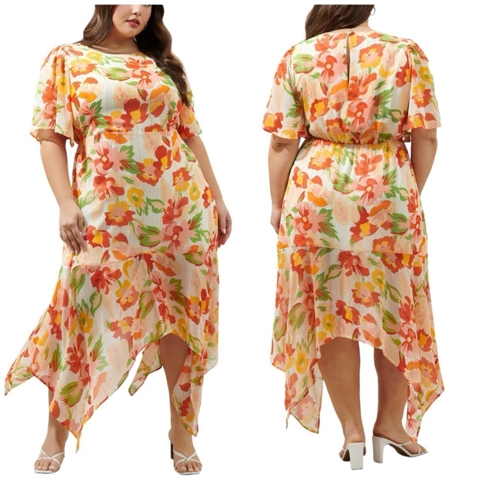 Sugarlips Curve Kailua Floral Metallic Aerin Asymmetrical Flutter Midi Dress